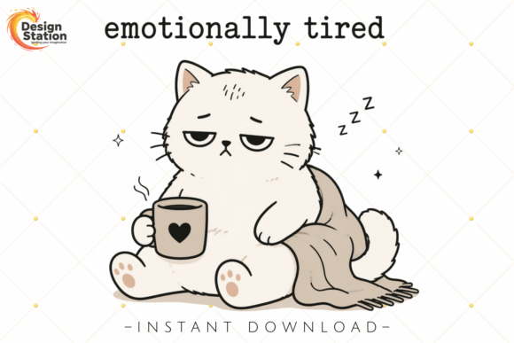 Emotionally Tired Cat PNG Illustration: Cozy Design Asset