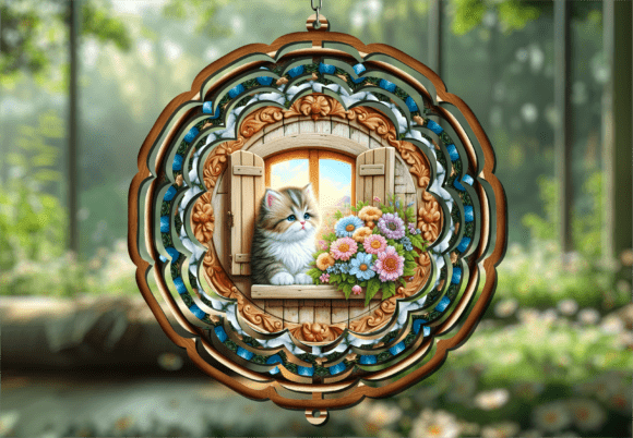 Vibrant Floral Cat Window Wind Spinner: A Dynamic Design Asset