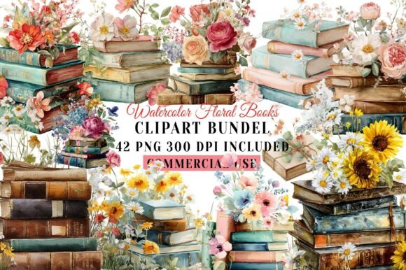 Watercolor Floral Books Clipart: Infusing Designs with Literary Charm