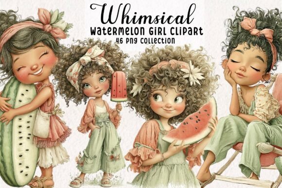 Whimsical Summer Watermelon Girl Clipart for Designers